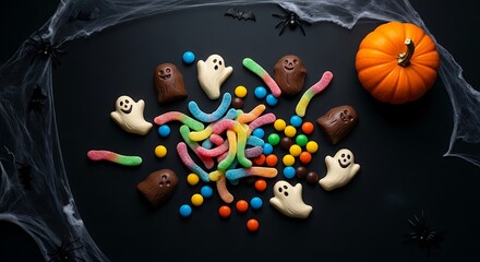 Obraz premium Spooky Halloween candy assortment with chocolate ghosts, gummy worms, and colorful sweets, arranged on a dark background with a small pumpkin and spiderweb accents.