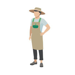 Flat Vector Illustration of Gardener or Farmer Standing with Apron and Wide Brim Sun Hat