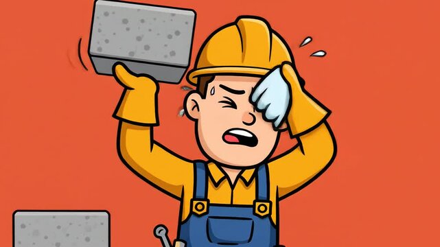Cartoon construction worker sweating while lifting heavy concrete brick in hot weather
