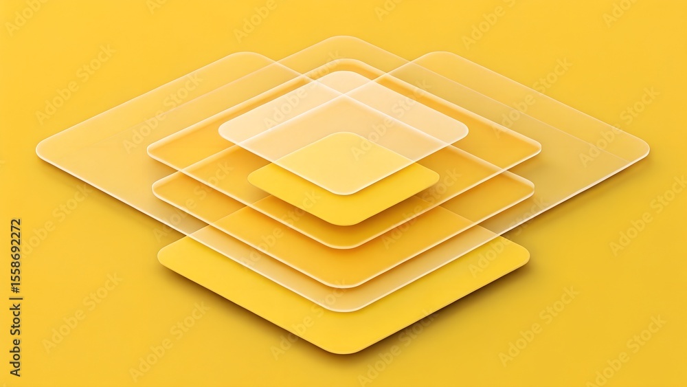 Poster overlapping transparent rounded yellow squares on yellow background.