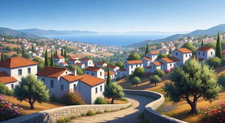 Idyllic Mediterranean Village Nestled on a Hillside Overlooking the Azure Sea on a Sunny Day