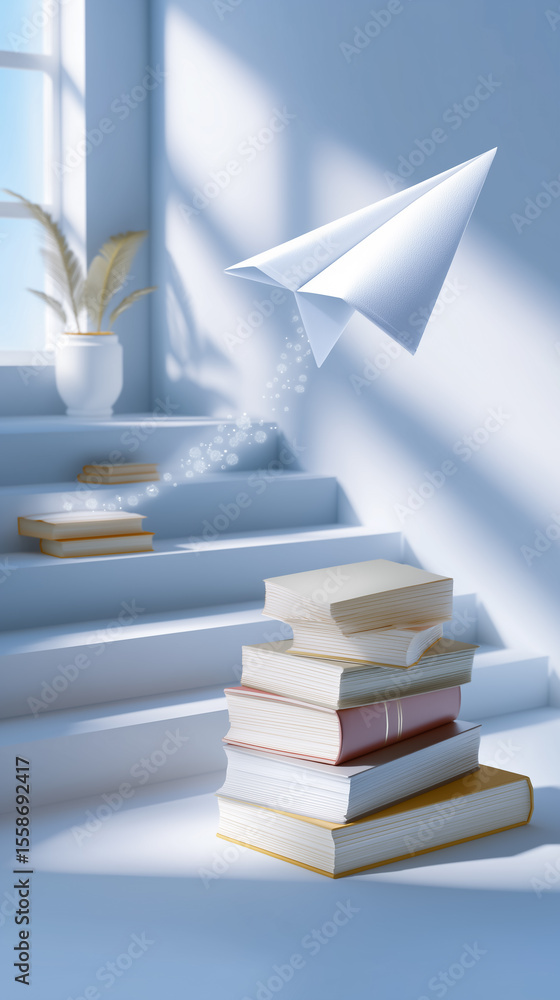 Poster paper airplane flies elegantly above a stack of colorful open books, illuminated by soft sunlight fi