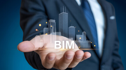 Building Information Modeling is represented with a miniature city hovering over a business professional's hand, showcasing architecture.