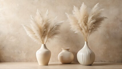 Three elegant vases of pampas grass create a calming and minimalist home decor arrangement