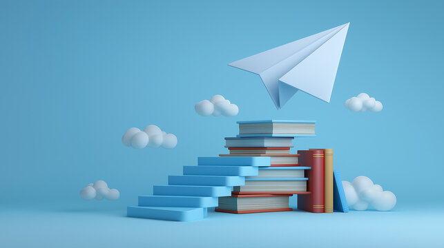 Paper airplane flies above colorful stack of books, representing creativity and knowledge. Bright blue background and fluffy clouds create an uplifting ambiance