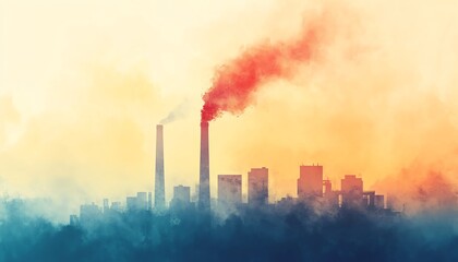 Obraz premium watercolor styled climtae changing disaster illustration, chimney with smog