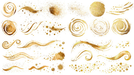 Elegant gold watercolor brush strokes, swirls, and splatters perfect for luxury branding, invitations, highlights, or decorative design accents.

