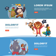 Cartoon pirates. battle animals in action poses. vector banners template