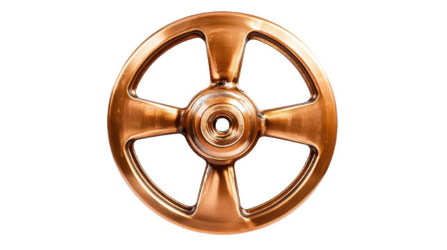 Shiny copper valve wheel for industrial machinery control equipment mechanical part detail isolated on white background