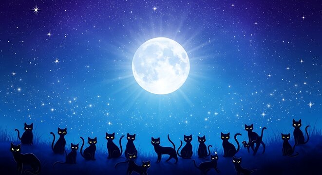 Silhouetted cats gather under a bright, full moon in a starry night sky.