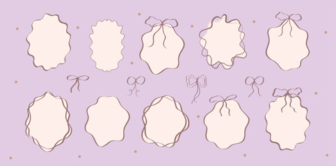Set of vintage doodle hand-drawn frames. Minimalist line art. Trendy vintage whimsical borders for scrapbooking, wedding invitations, baby shower cards, and romantic designs. Vector сoquette frame set