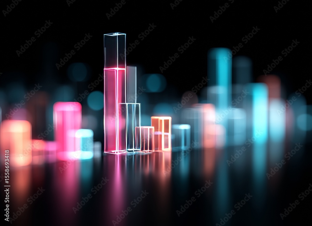 Poster on a dark reflective surface, an ascending bar graph with neon glow signifies progression and growth