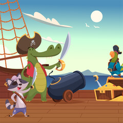 Pirates. cartoon funny animals standing on ship. cartoon background