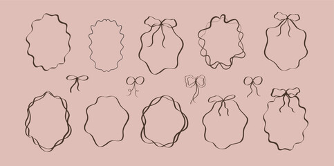 hand drawn vector vintage doodle frames. Minimalist line art. Trendy vintage whimsical borders for scrapbooking, wedding invitations, baby shower cards, and romantic designs.  Vector сoquette frame se
