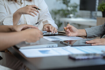 Business meeting account managers crew working search page on computer with new startup project....