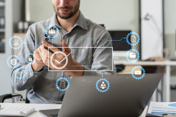 Digital transformation technology strategy, Person using laptop, tablet and smartphone with of...