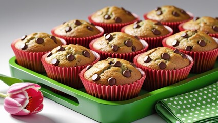 Freshly baked chocolate chip muffins in red liners on a green tray with a pink tulip and polka dot napkin