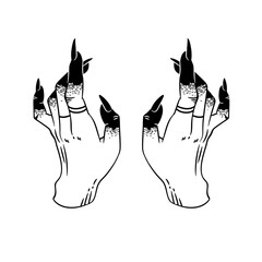 Silhouette of female hands performing a mystical gesture, on a white background