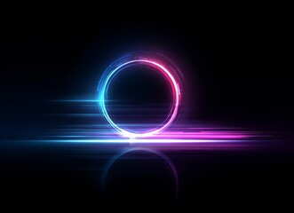Glowing concentric circles of vibrant pink and blue, surrounded by streaks that imply motion and energy, are featured in a futuristic and abstract design set against a dark background