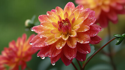 Image of a beautiful blooming flower with dewdrops on its petals