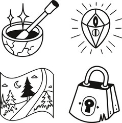 A black vector illustration set of food icons and symbols for design