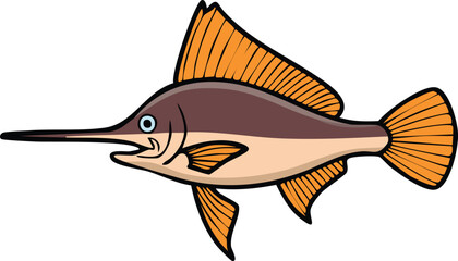 Cartoon illustration of a swordfish swimming with a long, pointed snout.