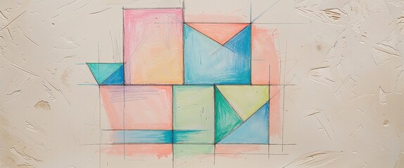 Colorful geometric shapes arranged in an abstract composition create a captivating visual. Soft pastels blend harmoniously, evoking a sense of calm. Lines intersect in a balanced layout