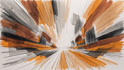 An abstract sketch depicts an energetic burst of lines and colors, merging shades of orange and black to create a sense of movement. The artwork evokes feelings of innovation and urban dynamism