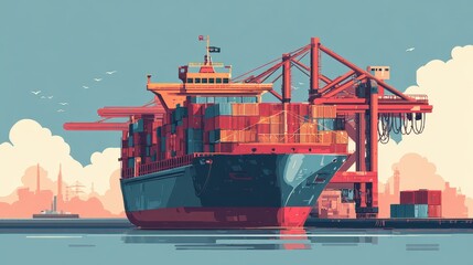 Fototapeta premium Sea container freighter flat design front view theme: harbor operations animation colored pastel. 