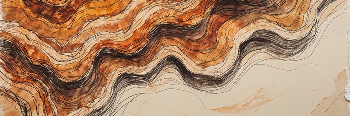 This artwork showcases a mesmerizing arrangement of flowing lines in warm tones of brown and orange. The wavy patterns evoke a sense of movement and depth, blending various shades artistically