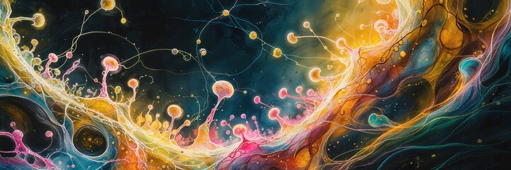 This artwork presents a visually striking abstract sketch featuring colorful organic shapes intertwined with lively lines, conveying a sense of movement and energy