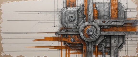 This abstract sketch showcases a mechanical design with detailed lines, geometric shapes, and vibrant orange highlights. The textures and shadows enhance the dimensionality of the artwork