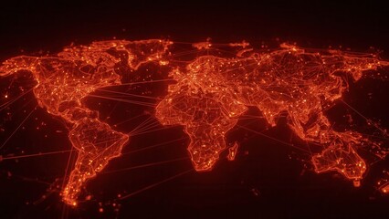 Glowing digital world map with interconnected network lines on a dark background