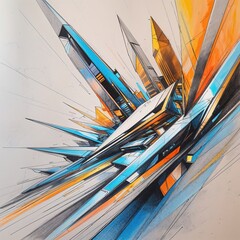 Intricate composition of sharp angles and vibrant hues depicting a dynamic abstract theme. Various colors like orange and blue create depth and movement, engaging the viewer's imagination