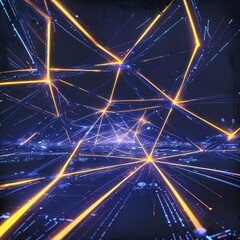 Dynamic patterns of bright lines and geometric shapes converge in a dark space, creating an impression of movement and depth in an abstract design