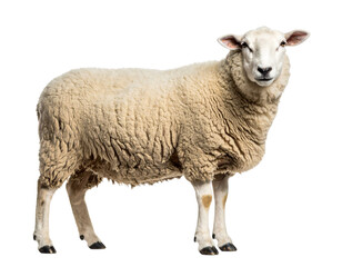 Fototapeta premium Fluffy White Sheep Standing Sideways, Transparent PNG