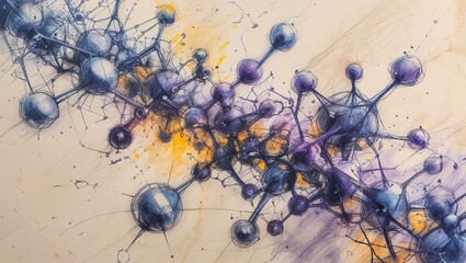 This artwork portrays a series of interconnected molecular forms with a blend of purples and yellows. The design evokes a sense of movement and complexity in scientific exploration