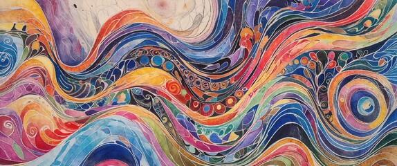 This artwork showcases an explosion of colors, with swirling patterns evoking a sense of movement. The layers of hues blend harmoniously, creating a captivating visual experience