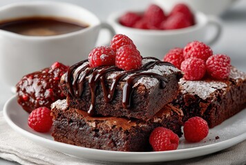 Delicious chocolate brownies topped with fresh raspberries and drizzled with rich chocolate sauce on a white plate with coffee in the background