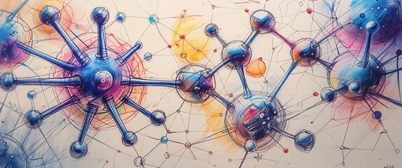 Vibrant abstract sketch illustrates interconnected molecular structures through dynamic lines and colorful spheres, symbolizing scientific exploration and creativity