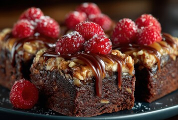 Delicious chocolate brownies topped with fresh raspberries and drizzled with rich chocolate sauce, perfect dessert for any occasion and indulgence craving