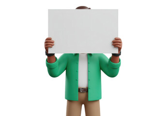 Cartoon man holding a blank sign above his head isolated on transparent background