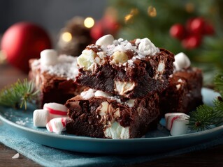 Delicious chocolate brownies topped with marshmallows and peppermint pieces set against a cozy holiday backdrop with Christmas decorations