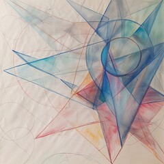 This artwork showcases a composition of vibrant geometric shapes, including triangles and circles, overlapping and merging in a blend of colors