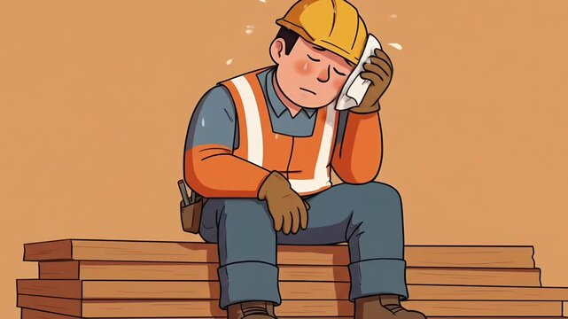 Cartoon illustration of a tired construction worker sitting on wooden planks, wiping sweat and resting after hard labor
