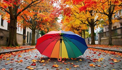 A bright umbrella on a cobbled street surrounded by falling autumn leaves...