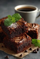 Delicious chocolate brownies topped with mint leaves served alongside a cup of coffee on a rustic surface for a delightful dessert experience