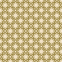 Fototapeta premium Vector geometric floral ornament. Abstract seamless pattern with bold flower silhouettes, rounded shapes, grid, tiles. Simple green and beige background. Retro vintage texture. Repeating geo design