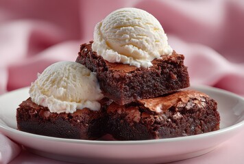 Delicious Chocolate Brownies Topped with Vanilla Ice Cream on a Soft Pink Background, Perfect for Dessert Lovers and Food Photography Projects