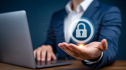 Businessman protects data privacy with a digital padlock icon above his hand, emphasizing security and online safety using the laptop for secure transactions.